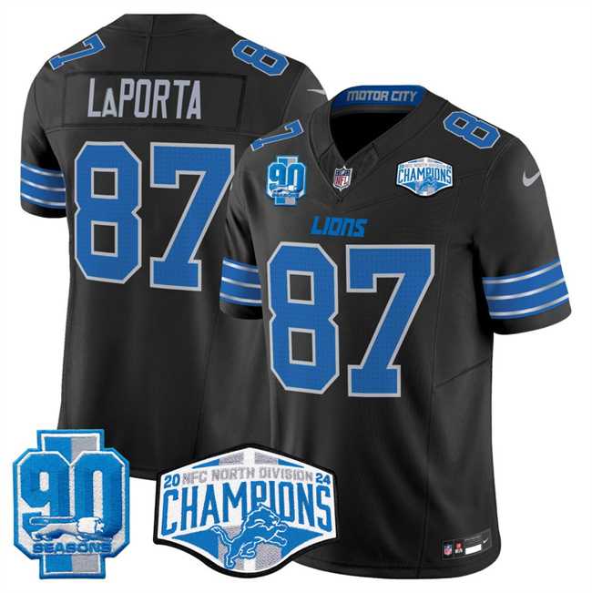 Men%27s Detroit Lions #87 Sam LaPorta Black 2024 NFC North Champions 90th Anniversary Patch F.U.S.E. Vapor Limited Stitched Jersey->detroit lions->NFL Jersey